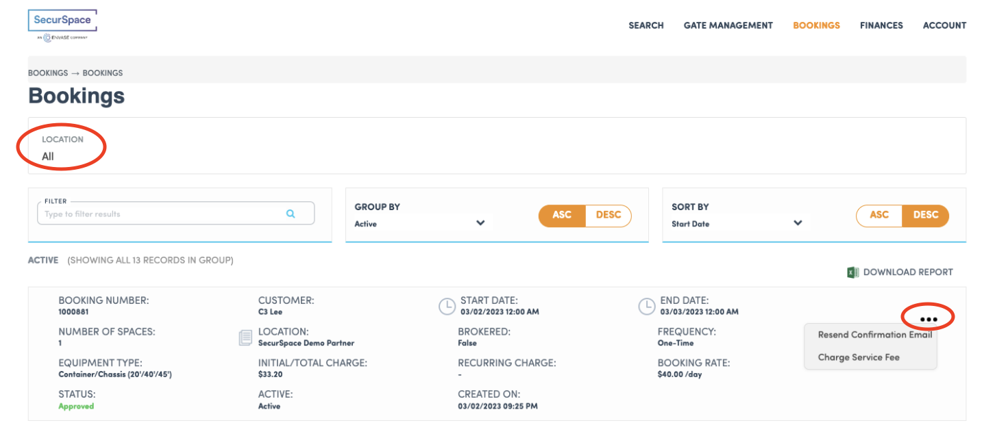 Find the service charge option on the All Bookings page.