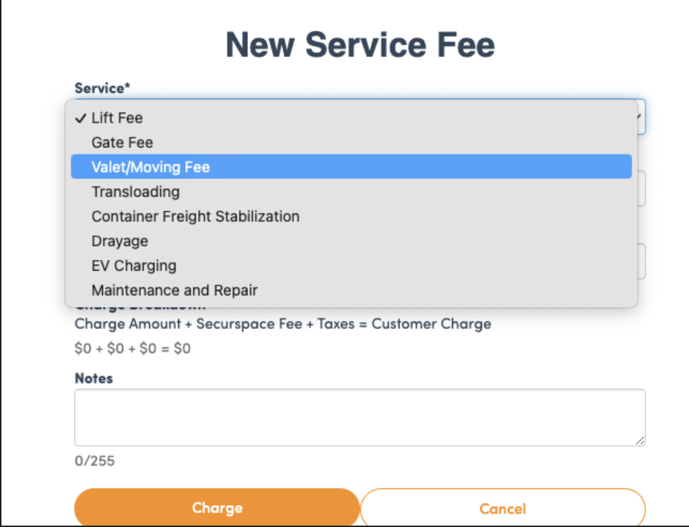Choose the service you want to charge for from the dropdown menu.